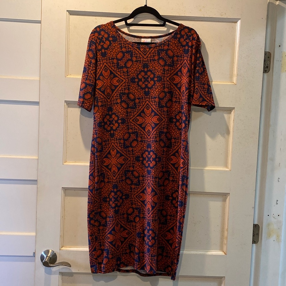 LuLaRoe Julia, navy & rust print, knee-length knit dress. Size L